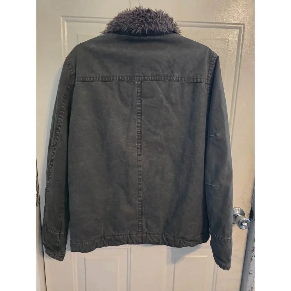 Vtg American Eagle Men's Coat Jacket Faux Fur Collar Full Zip Gray Sz S READ